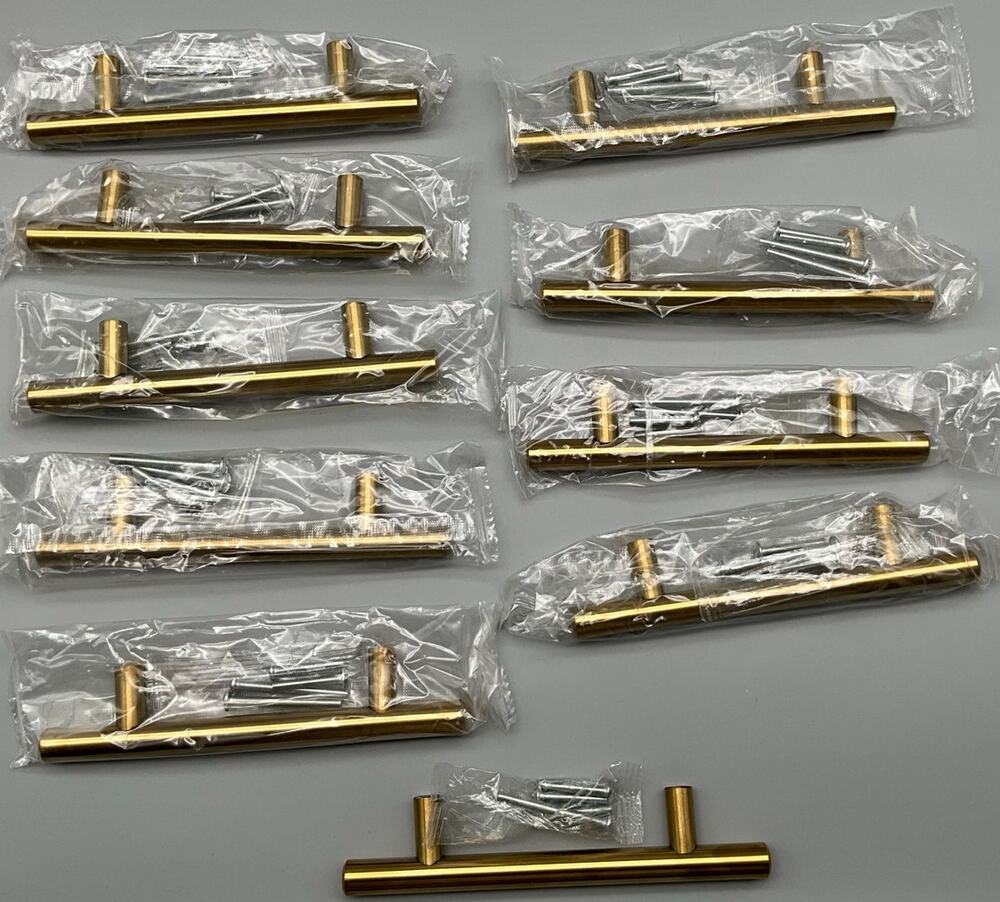 Gold Drawer Handles Pulls Set of 10 -  9 Unopened Sealed- 1 Missing Screw